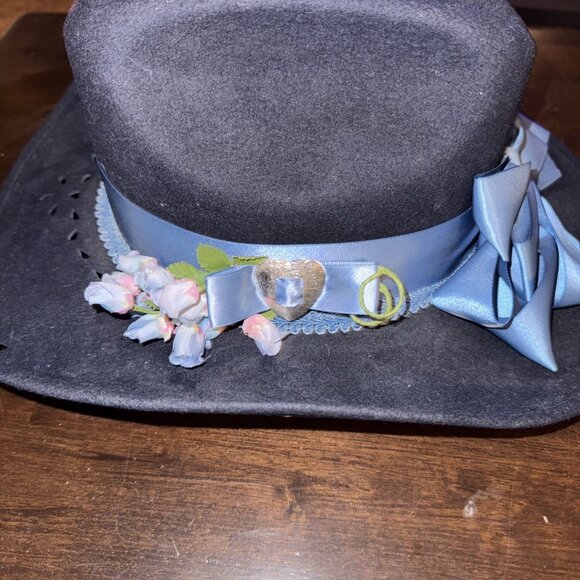Nancy Hughes Hat Co. Cowboy Western Rodeo Pageant Hat 100% USA Wool Blue Floral - Picture 3 of 8